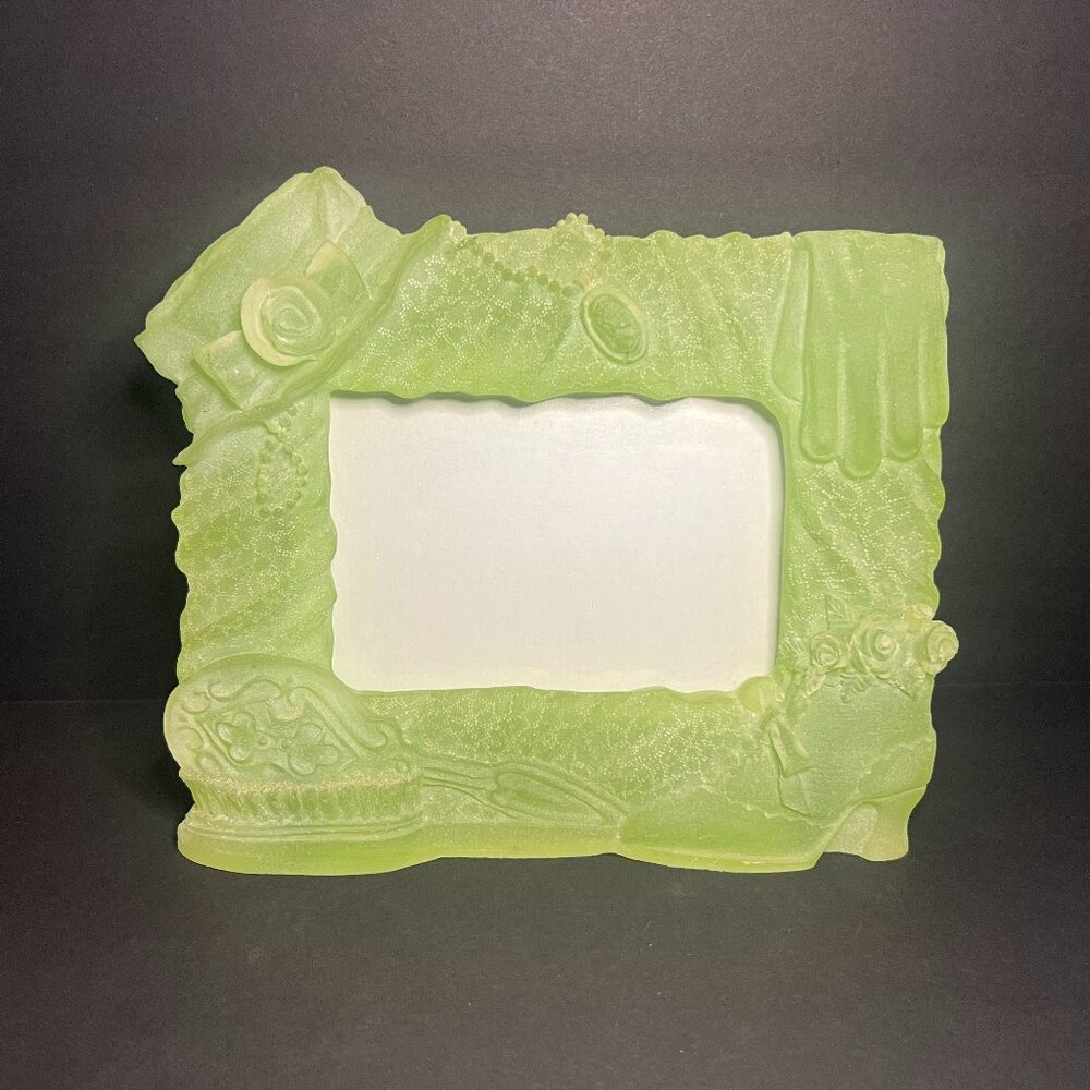 Unique Green Frosted Resin Picture Frame w/ Victorian Hat Shoe Necklace & Brush